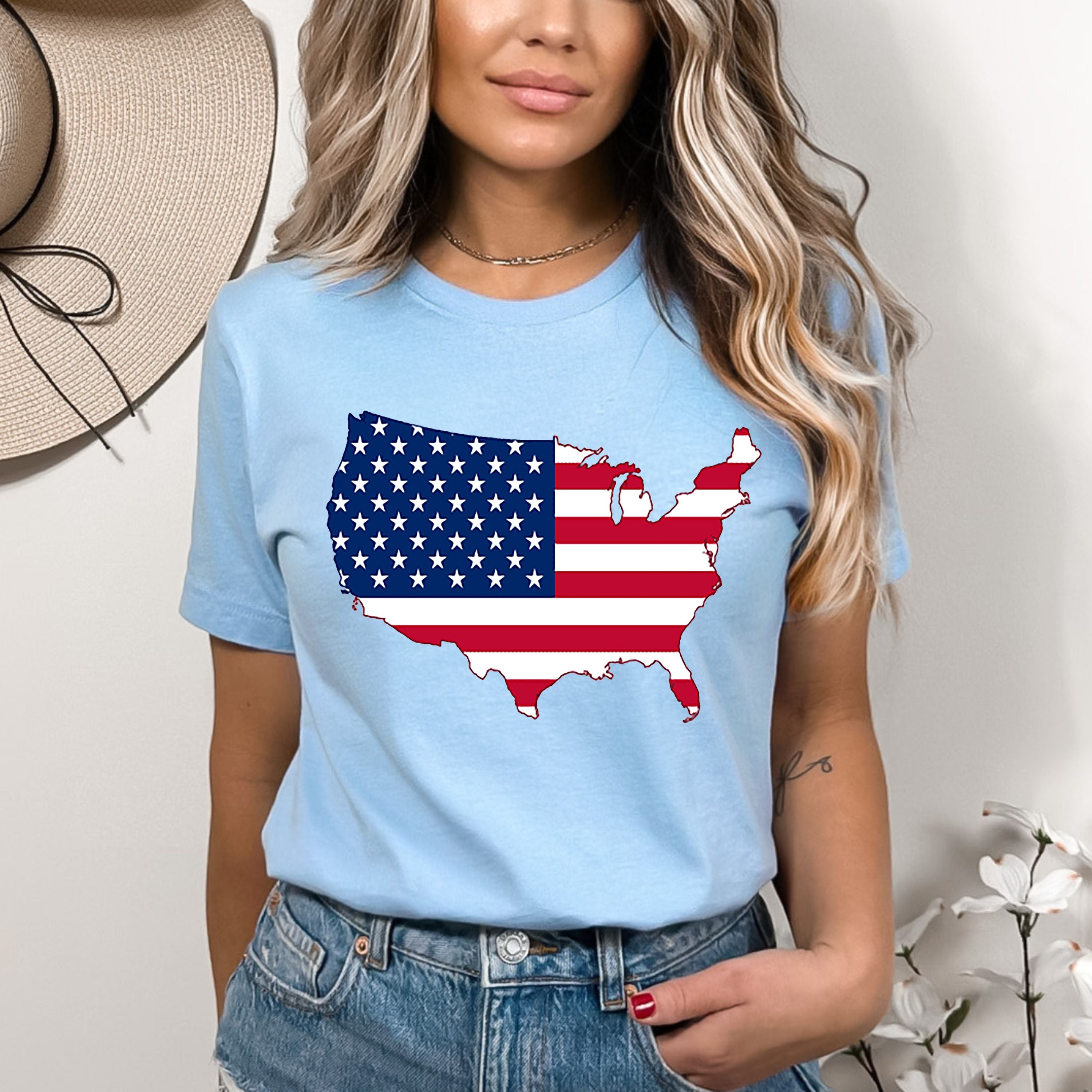 USA FLAG WITH MAP-Bella Canvas Shirt