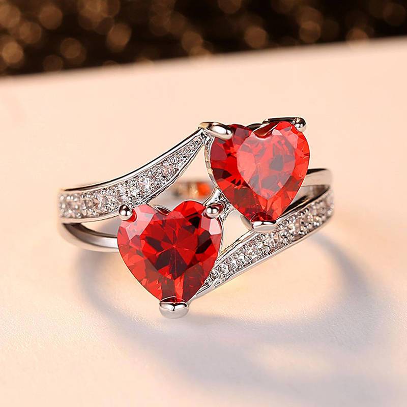 "Transparent Red Blue Tricolor Zircon Ring Birthday Present Glamour Couple Double Love Engagement Ring Female Ring"