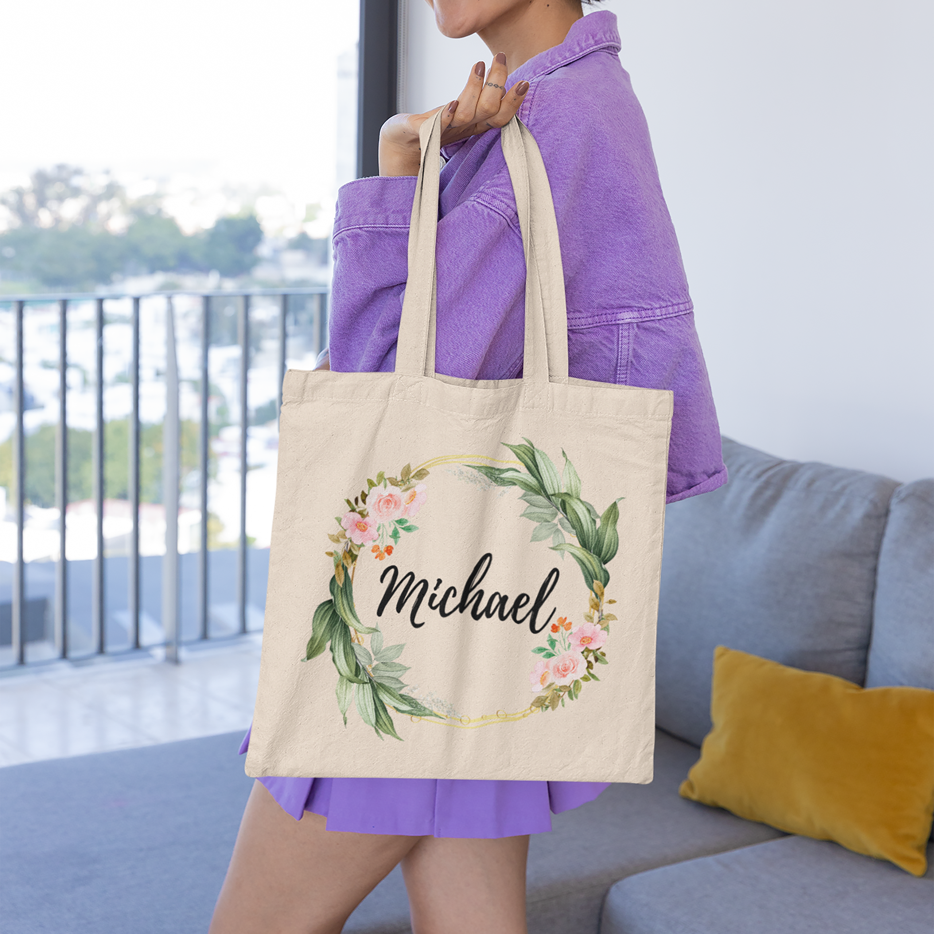Personalized Floral Name Canvas Tote Bag